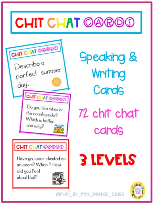 72-Chit Chat CARDS, SPEAKING, READING AND WRITING CARDS. 3 LEVELS