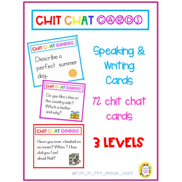 72-Chit Chat CARDS, SPEAKING, READING AND WRITING CARDS. 3 LEVELS