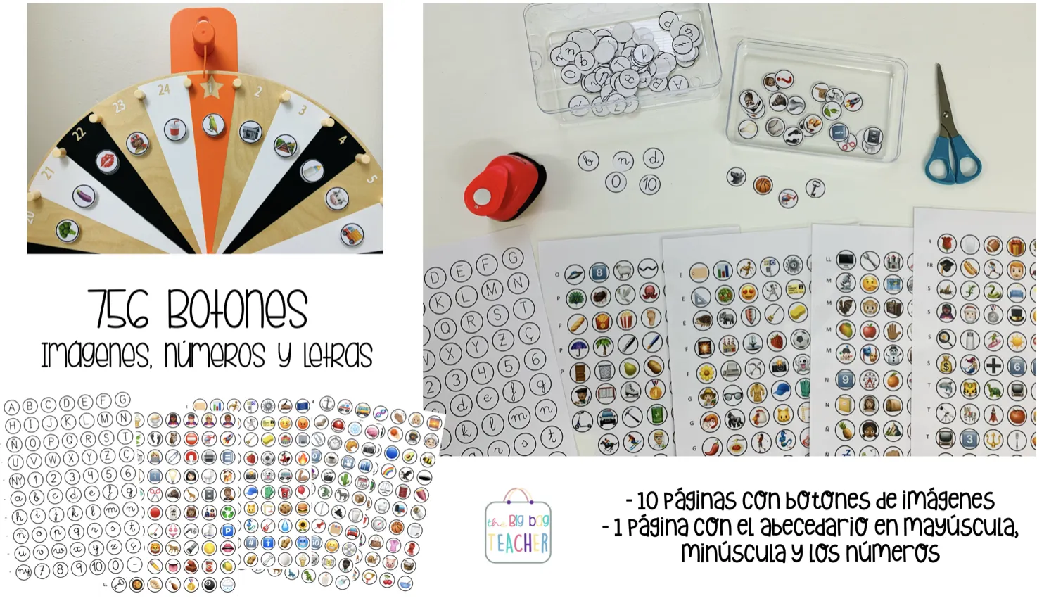 756 botones: redondas con imágenes, números y letras, ¡para jugar!