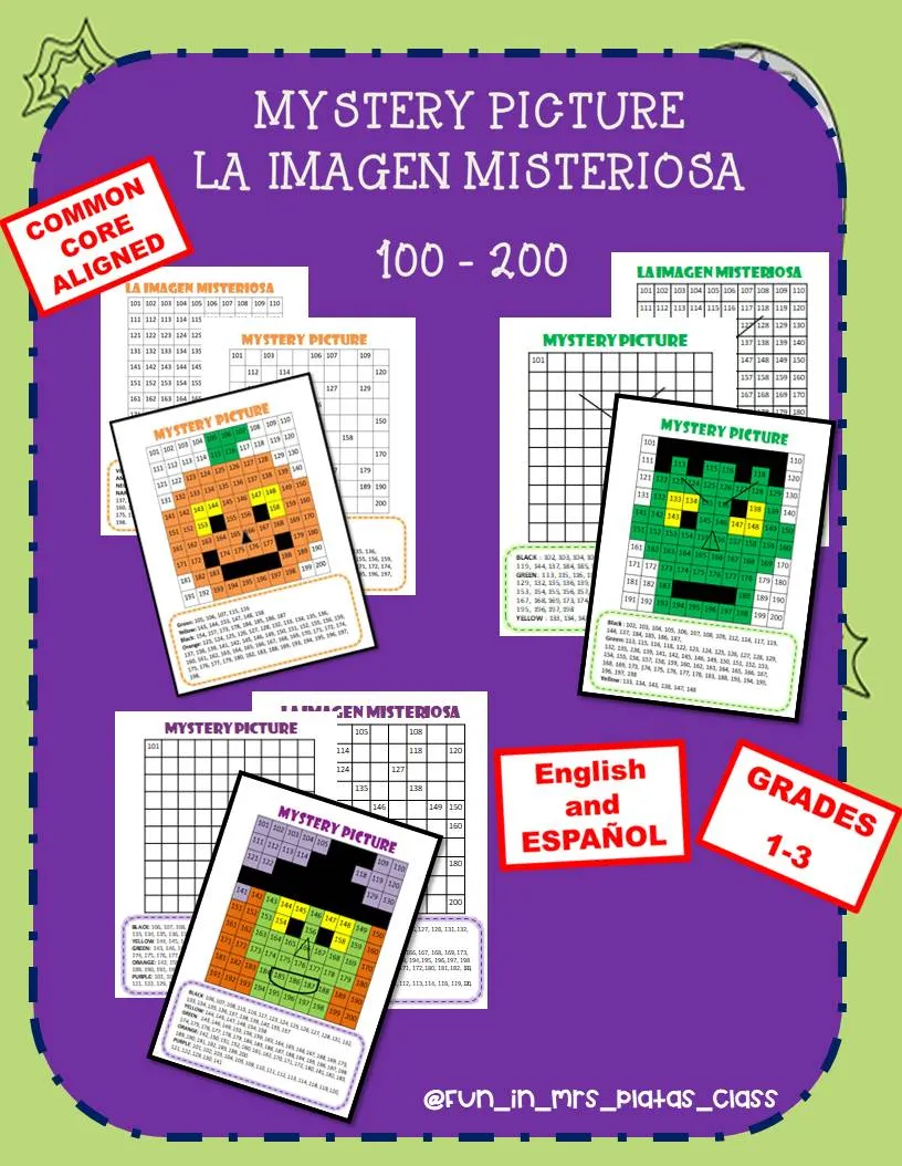 Actividad matemática de Halloween: Imagen misteriosa- Orden numérico del 100 al 200 (versión en inglés y castellano)