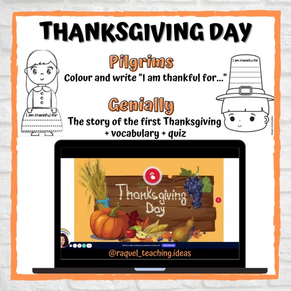 Thanksgiving: pilgrims + Genially (story + vocabulary + quiz).