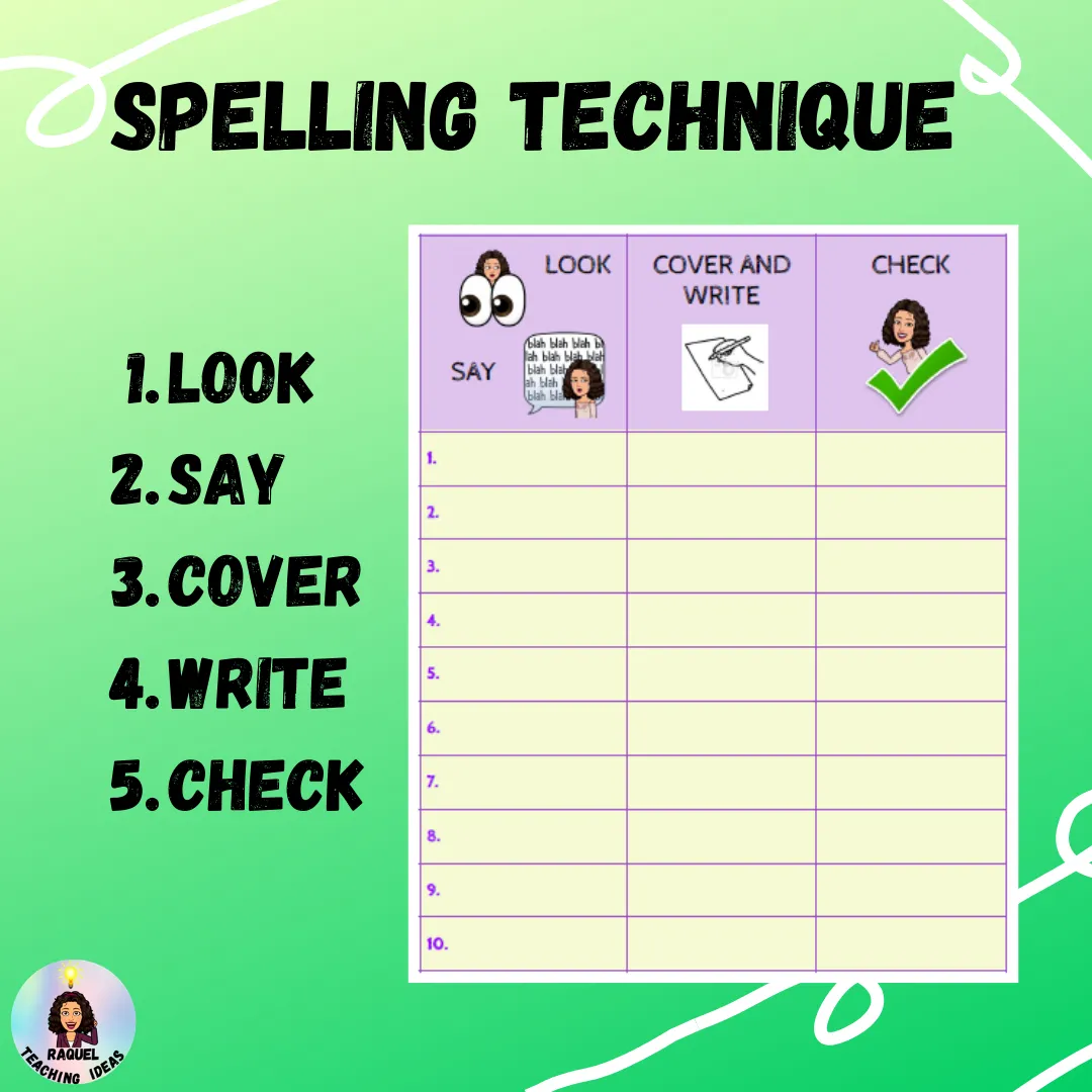 Spelling technique: look, say, cover, write and check.