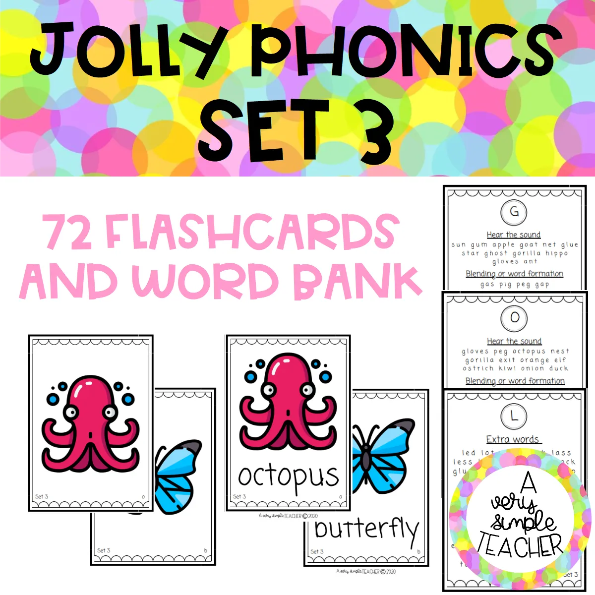 JOLLY PHONICS SET 3: Flashcards and word bank