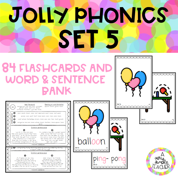 JOLLY PHONICS SET 5 Flashcards and word-sentence bank