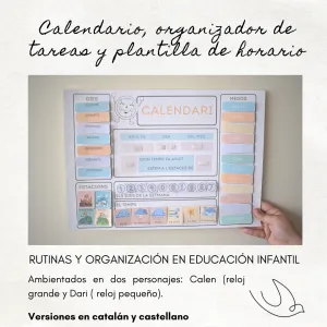 Calendario de aula, planificador de tareas individual y plantilla de horario colectivo. Versiones en catalán y castellano
