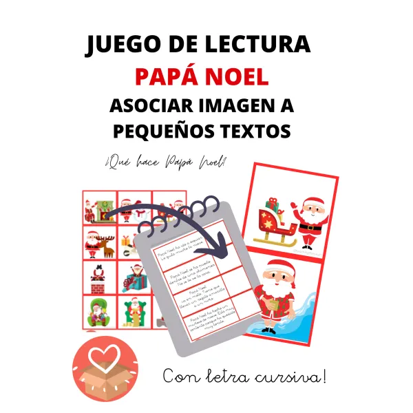 Juego lectura PAPÁ NOEL Navidad - Asociar imagen - pequeño texto - Lletra cursiva