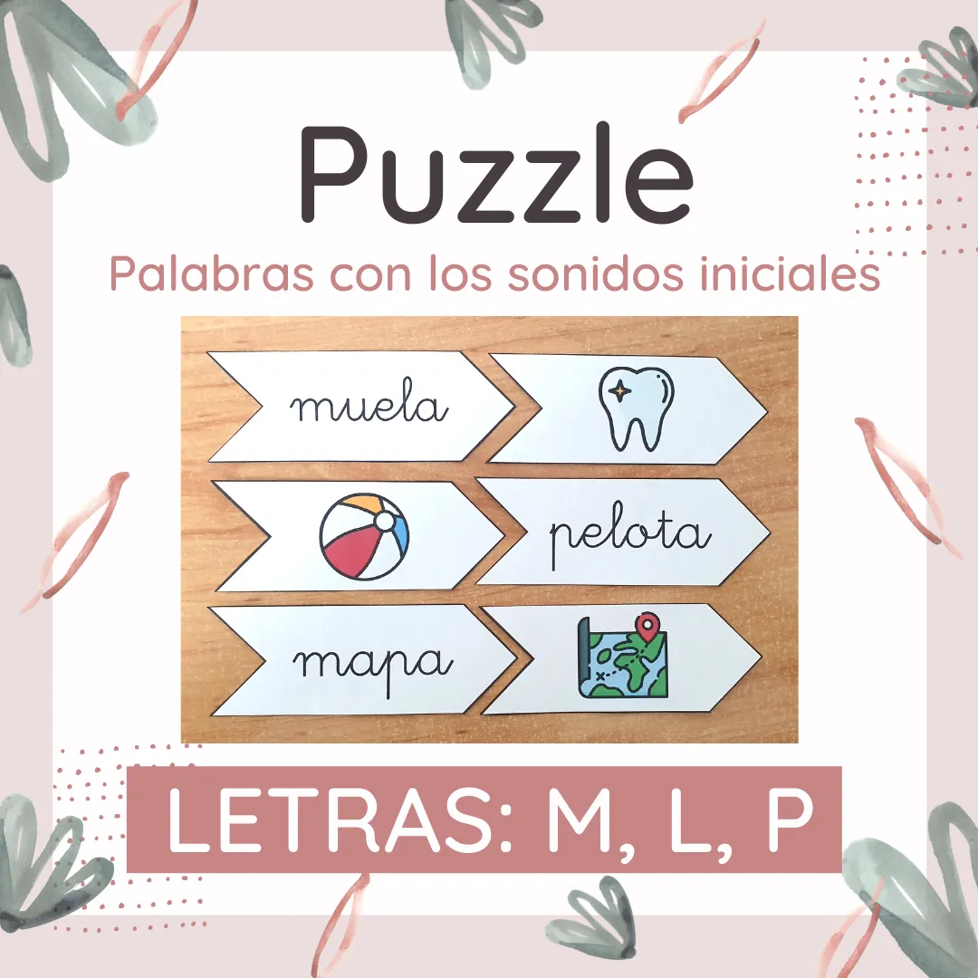 Puzzle de imágenes y palabras. Spanish word puzzle. Sílabas iniciales. M, L, P, T.