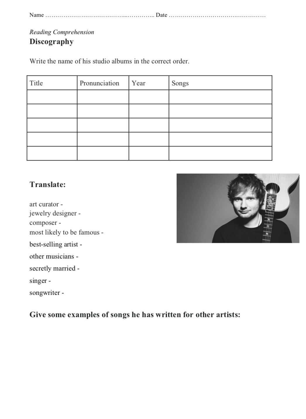 Ed Sheeran - Reading Comprehension