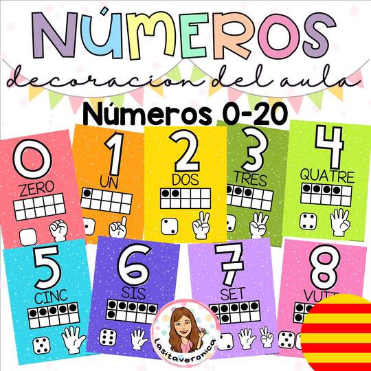 Carteles con números  0-20. Arcoíris. Decoración el aula. Catalán.
