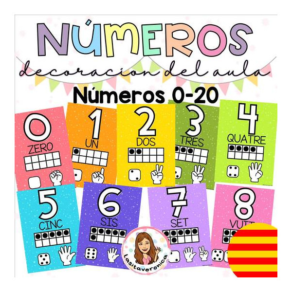 Carteles con números  0-20. Arcoíris. Decoración el aula. Catalán.