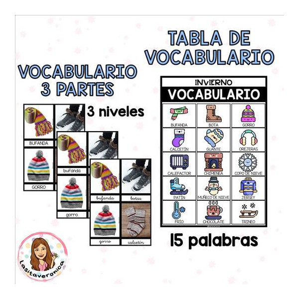 Vocabulario invierno. Winter vocabulary. January. Enero. Spanish.