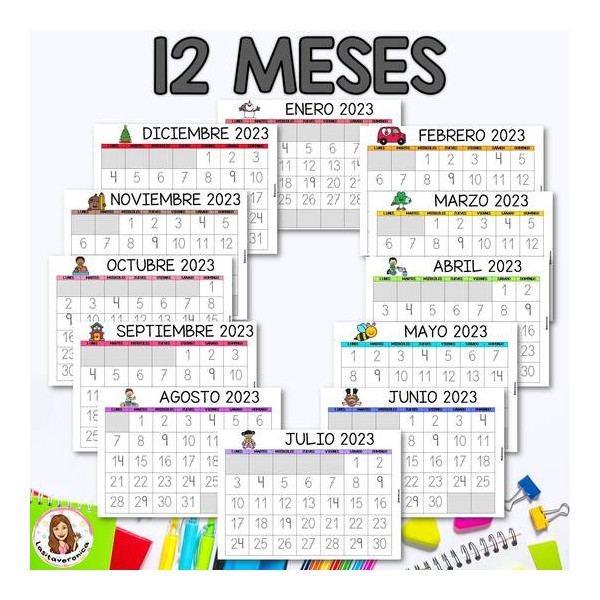 Calendario mensual 2023. Monthly Calendar. Trace. Color. Spanish. Free updates. Descargas gratuitas