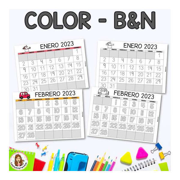 Calendario mensual 2023. Monthly Calendar. Trace. Color. Spanish. Free updates. Descargas gratuitas