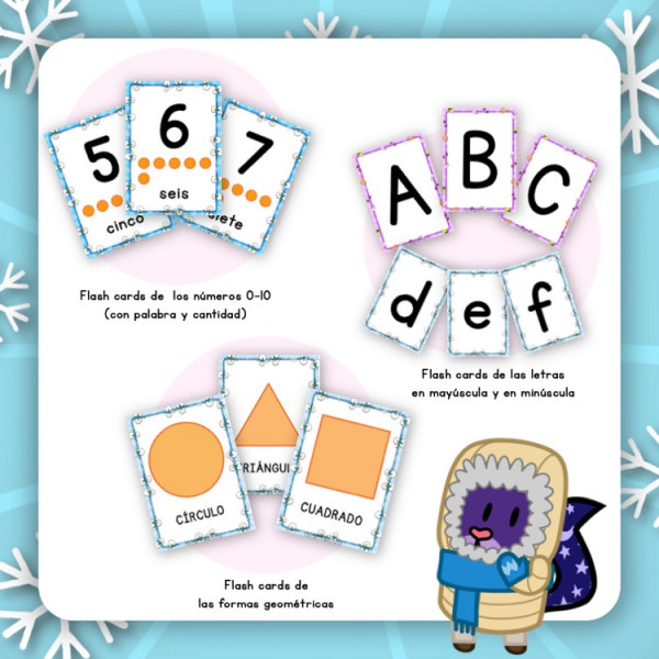 FLASH CARDS – Letras, números y formas – Temática de INVIERNO