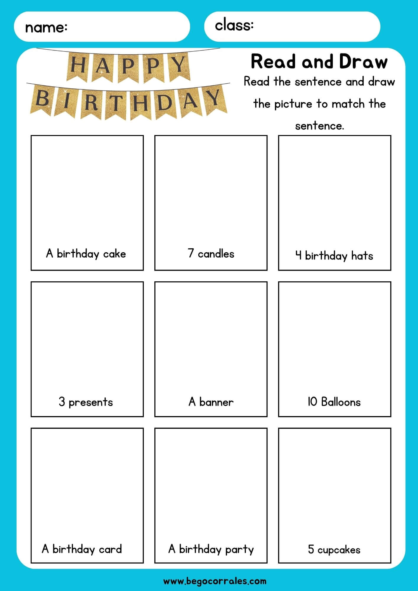 Birthday vocabulary - read and draw