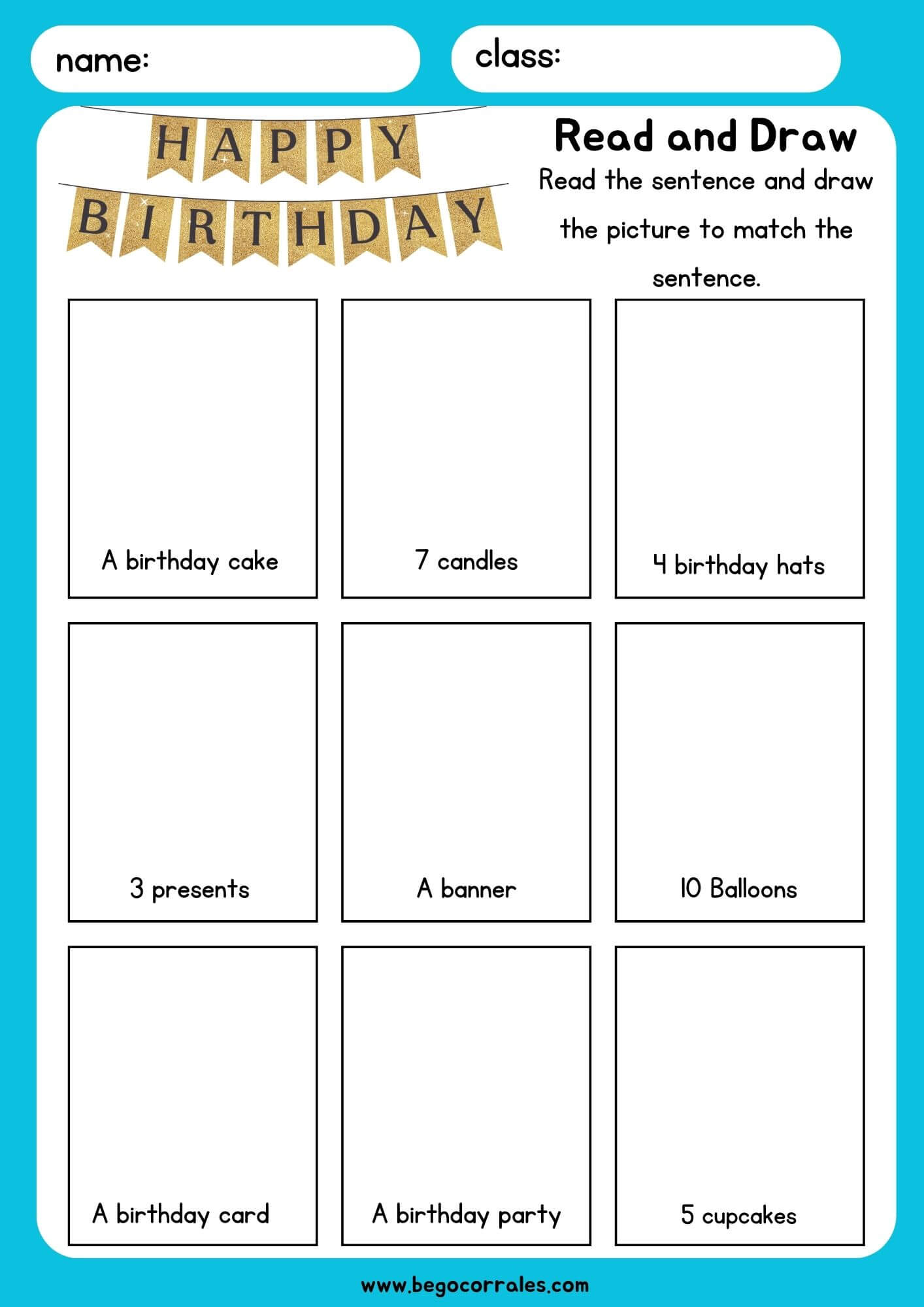 Birthday vocabulary - read and draw