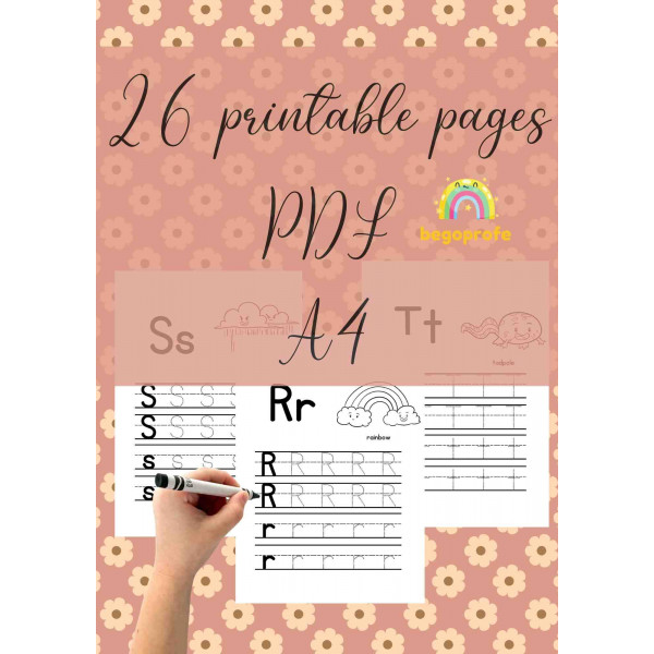 Spring alphabet handwriting practice, tracing pages, coloring