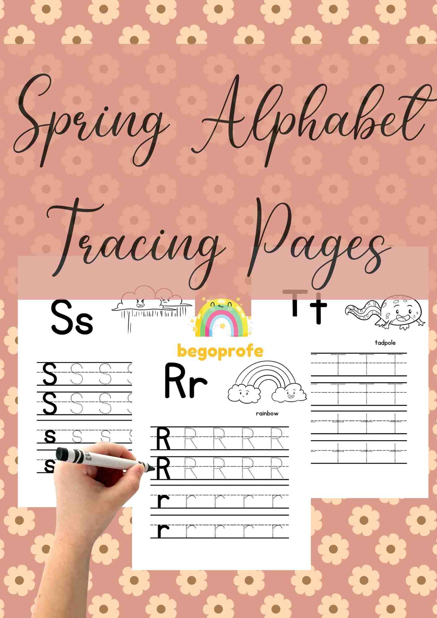 Spring alphabet handwriting practice, tracing pages, coloring
