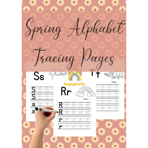 Spring alphabet handwriting practice, tracing pages, coloring