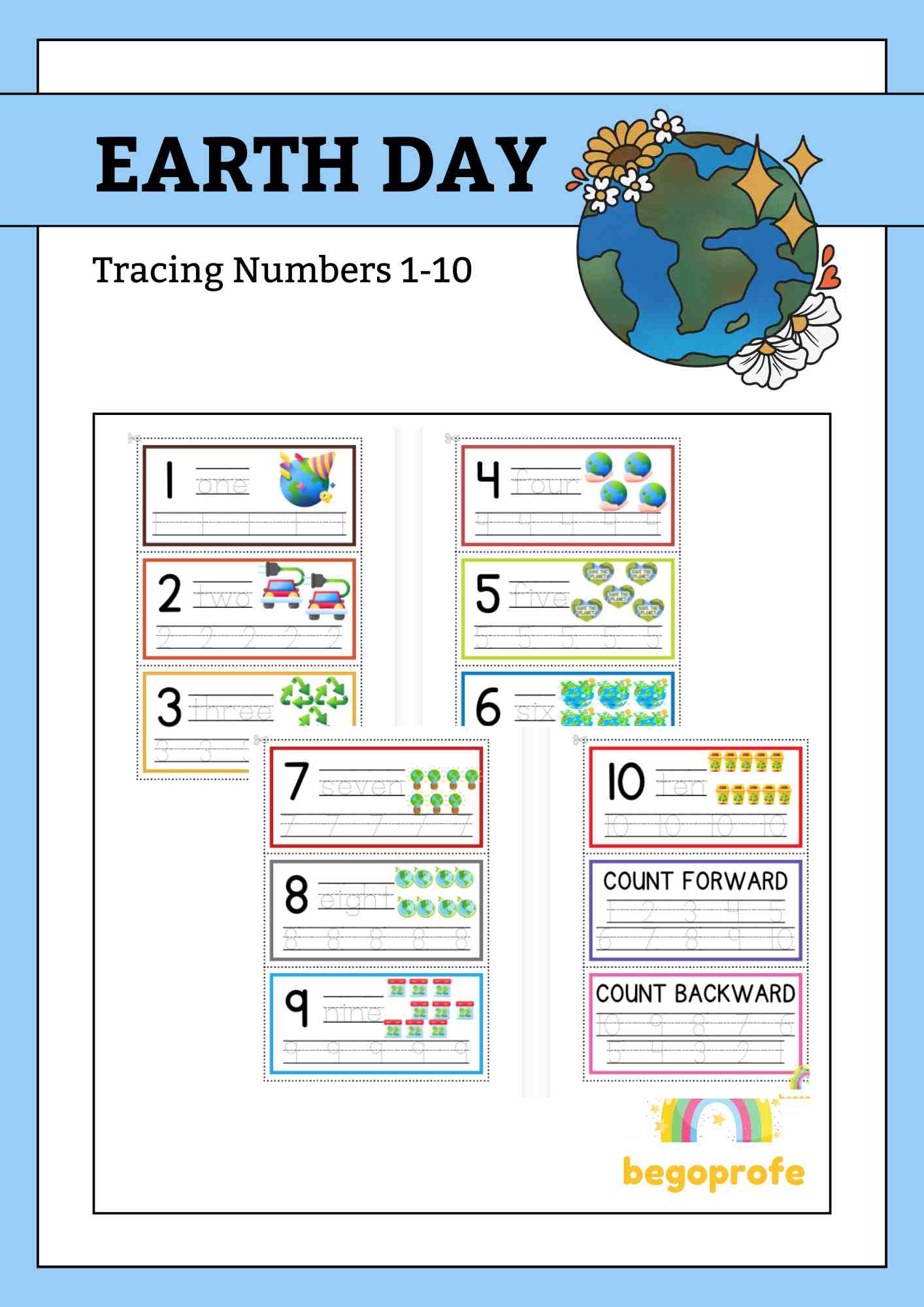 Tracing Numbers 1-10 Earth day
