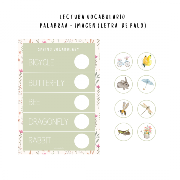 Lectura y escritura de palabras de la primavera en INGLÉS