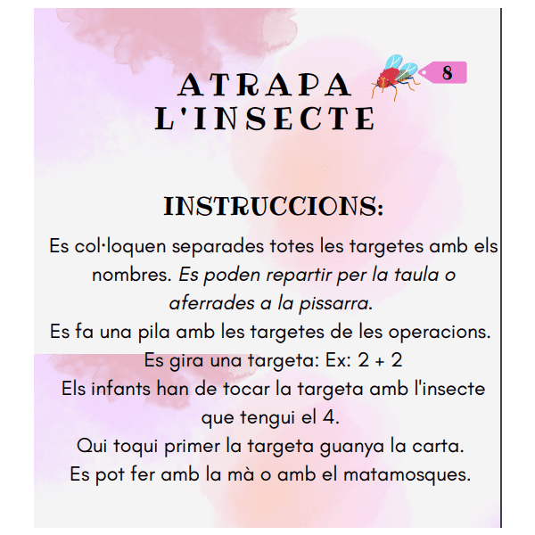 JOC MATEMÀTIC: ATRAPA L'INSECTE. MATERIAL MANIPULATIU CÀLCUL MENTAL. SUMES I RESTES.