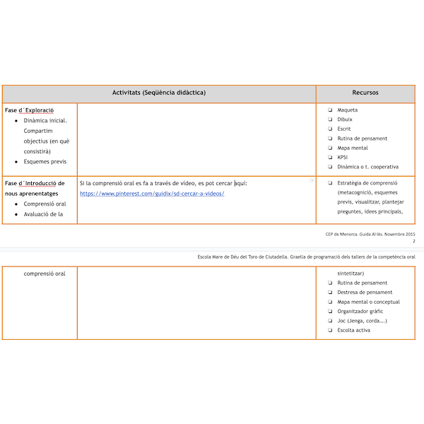 Graella de programació TALLER DE COMPETÈNCIA ORAL (comprensió i expressió)