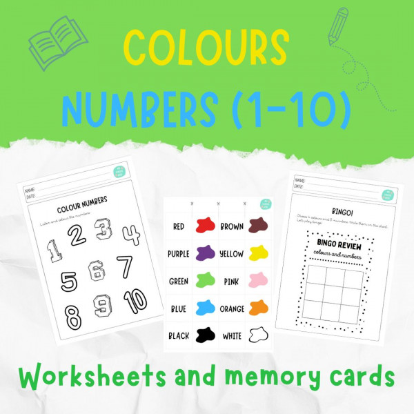 Colours and numbers. Worksheets and memory cards.