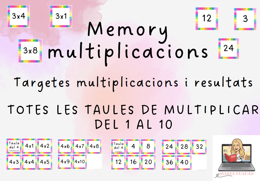 MEMORY MULTIPLICACIONS. TARGETES AMB TOTES LES TAULES DE MULTIPLICAR. JOC MATEMÀTIC. MATERIAL MANIPULATIU.