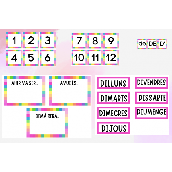 PACK DECORACIÓ AULA. TOT EN LLETRA MAJÚSCULA I MINÚSCULA. DIES, MESOS, NOMBRES, ESTACIONS, TEMPS, ..