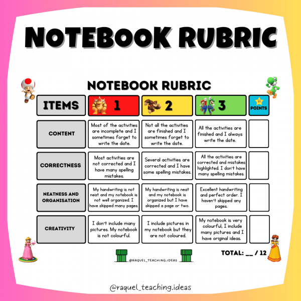 Notebook rubric (Super Mario)