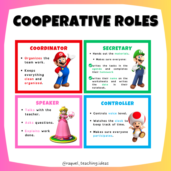 Tarjetas roles cooperativo (Super Mario) Inglés y castellano