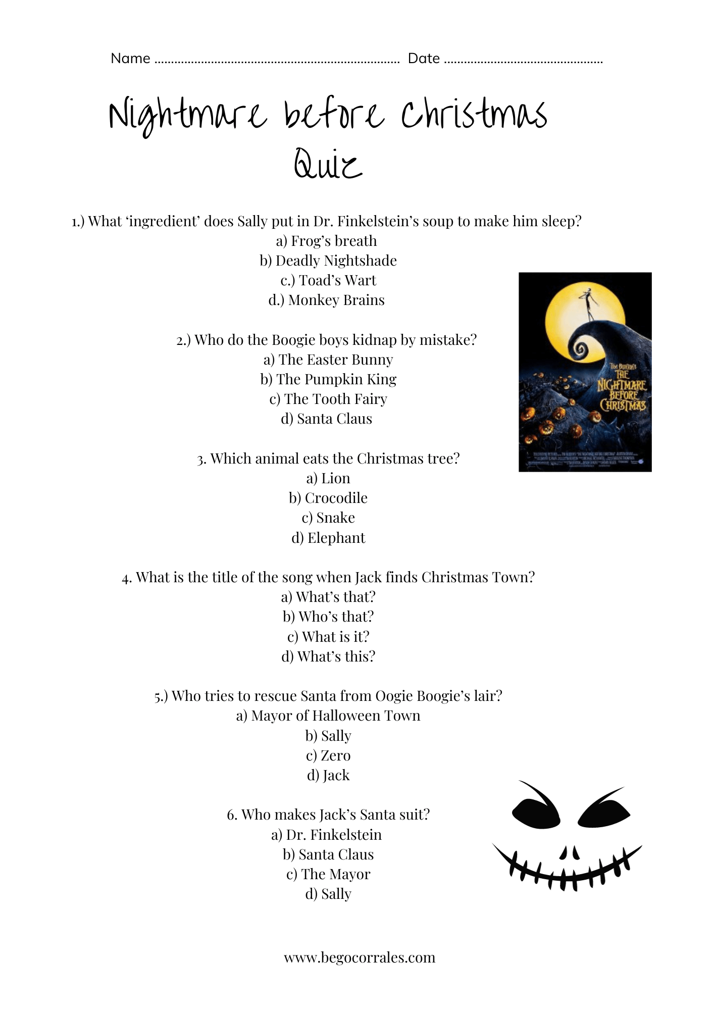 Halloween Nightmare before Christmas Quiz