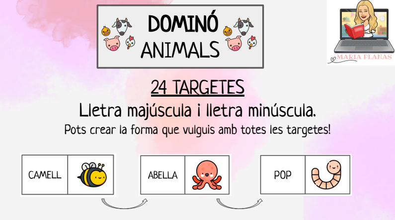DOMINÓ ANIMALS. 24 Targetes. LLETRA MAJÚSCULA I MINÚSCULA.