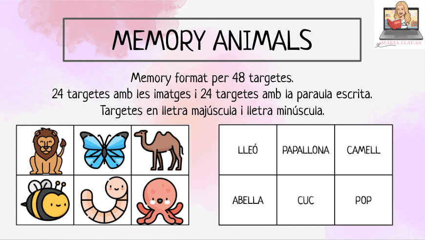 MEMORY ANIMALS. 48 Targetes. Lletra majúscula i lletra minúscula.