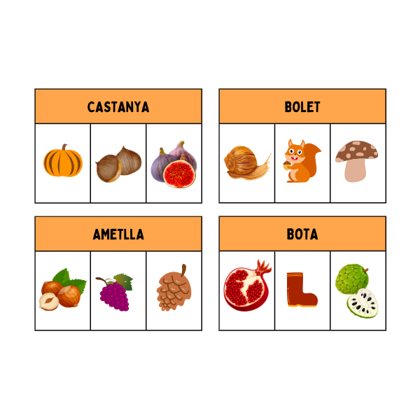 LA TARDOR: ACTIVITAT LECTURA DE PARAULES. TRIA LA IMATGE CORRECTA. 24 TARGETES.