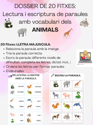 Dossier de 20 fitxes: Animals. Lectura i escriptura de paraules. Lletra majúscula.