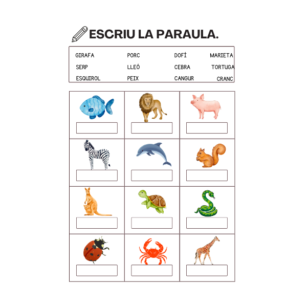 Dossier de 20 fitxes: Animals. Lectura i escriptura de paraules. Lletra majúscula.