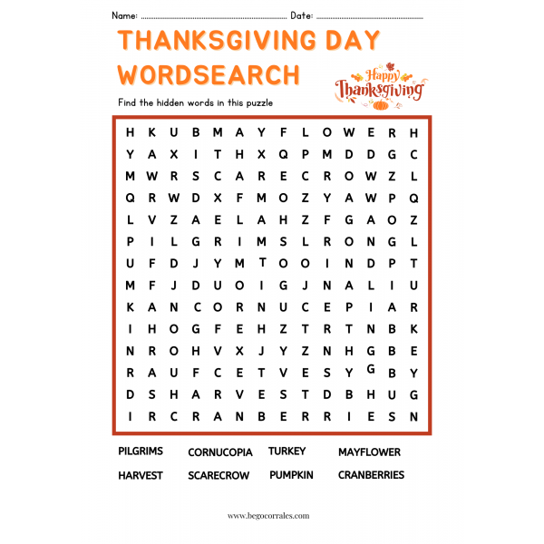 Thanksgiving Day Wordsearch