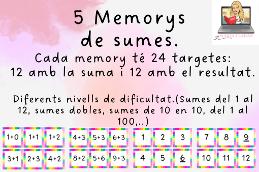 5 memorys de sumes. 24 targetes per memory. Material manipulatiu matemàtiques. Càlcul mental.