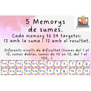 5 memorys de sumes. 24 targetes per memory. Material manipulatiu matemàtiques. Càlcul mental.