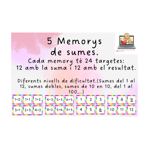 5 memorys de sumes. 24 targetes per memory. Material manipulatiu matemàtiques. Càlcul mental.