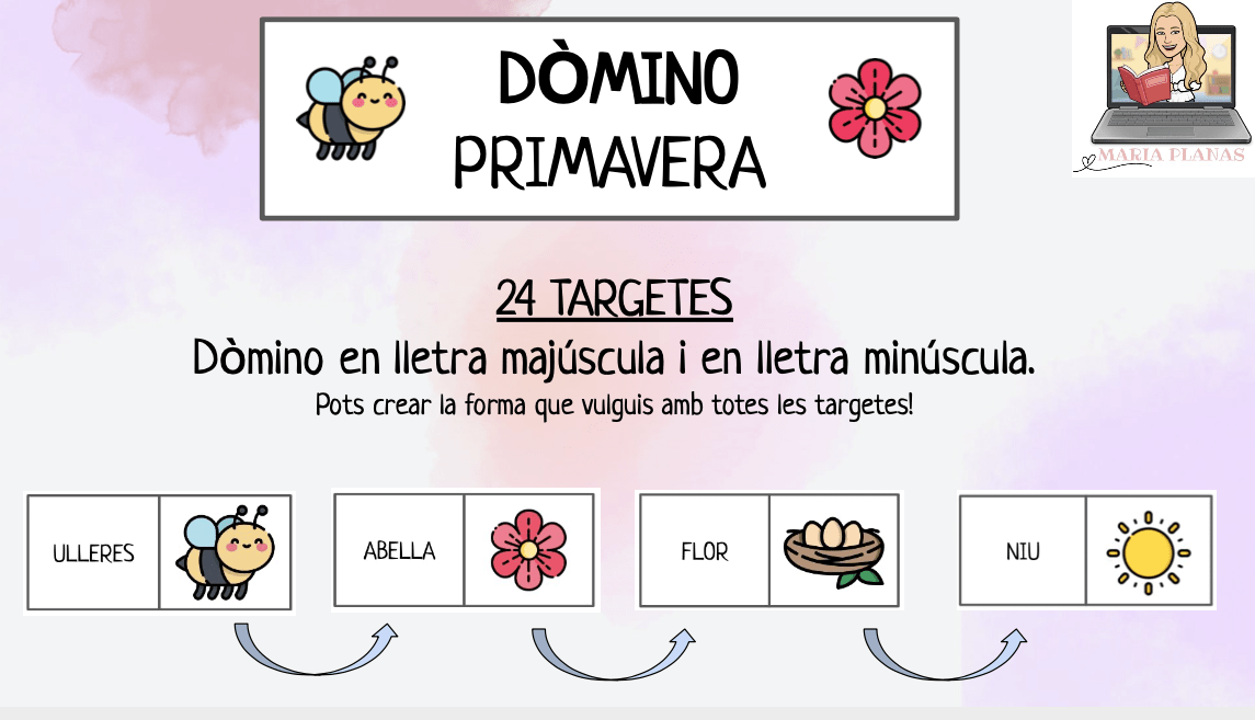 DÒMINO PRIMAVERA. 24 targetes. Lletra majúscula i minúscula.