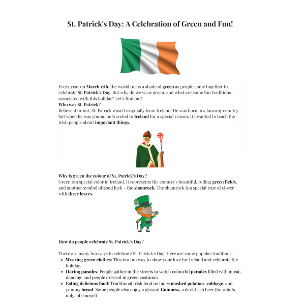 Reading comprehension St. Patrick's Day