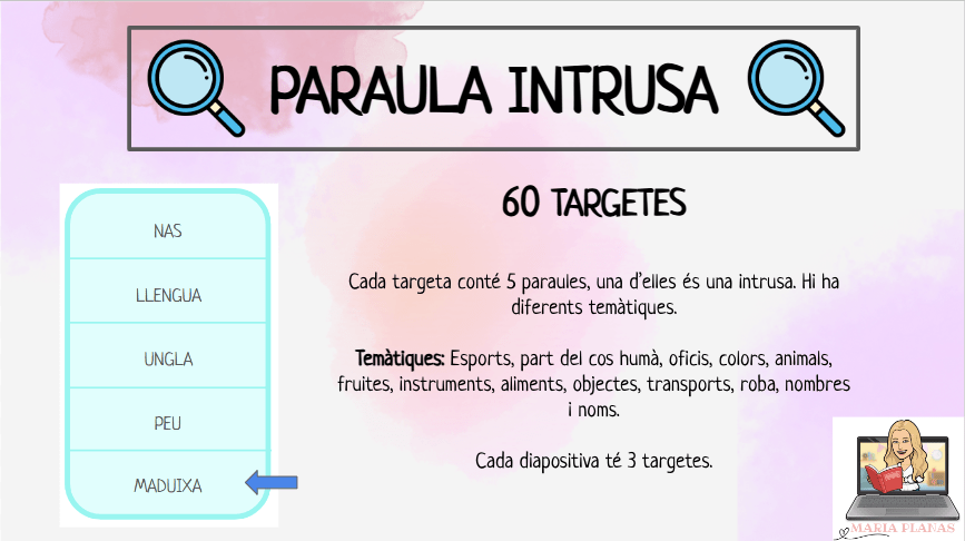 PARAULA INTRUSA. JOC LECTURA DE PARAULES. 60 targetes.