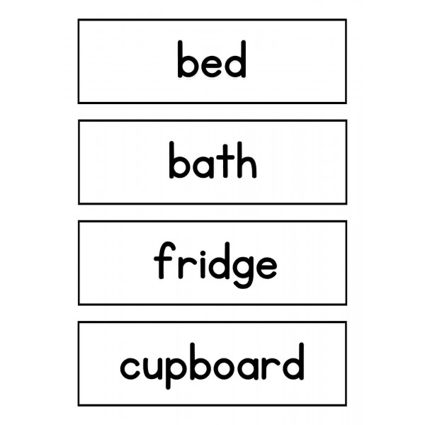 Vocabulary words: restaurant-clothes-house-beach