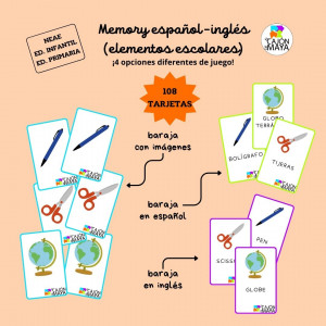 Juego de memoria con elementos escolares (español-inglés)