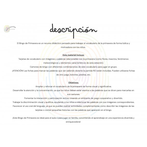 BIGNO DE PRIMAVERA: con tarjetas de vocabulario en letra mayúscula y ligada