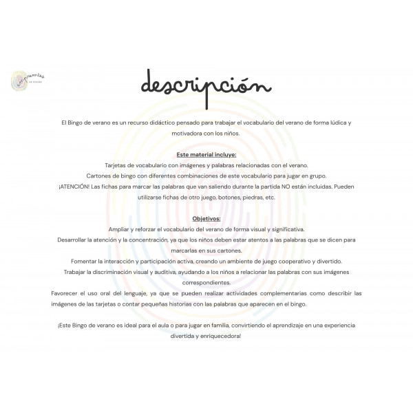 BINGO DE VERANO: con tarjetas de vocabulario en letra mayúscula y ligada