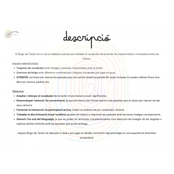 BINGO DE TARDOR: amb targetes de vocabulari amb lletra de pal i lligada
